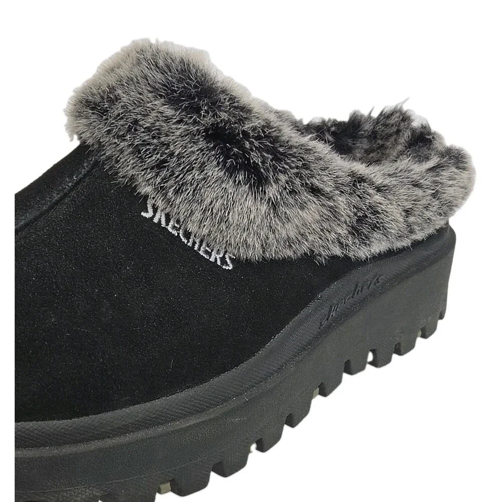 Skechers Shoe Clogs Shindig Platform Black Suede Faux Fur Lined Women Sz 9 Y2K